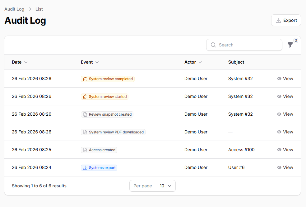 Audit log with filterable activity history, timestamps, and change details